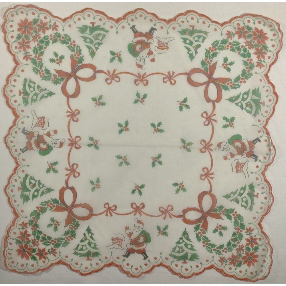 Vintage Christmas Hankie 13.5x13.5 Santa Tree Wreath Bow Scallop Sheer Nylon
